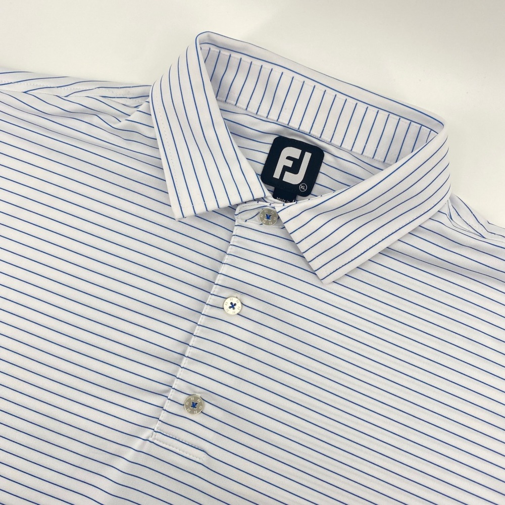 FootJoy Polo Shirt Mens XL White Blue Striped SFCC Logo Golf Performance Top